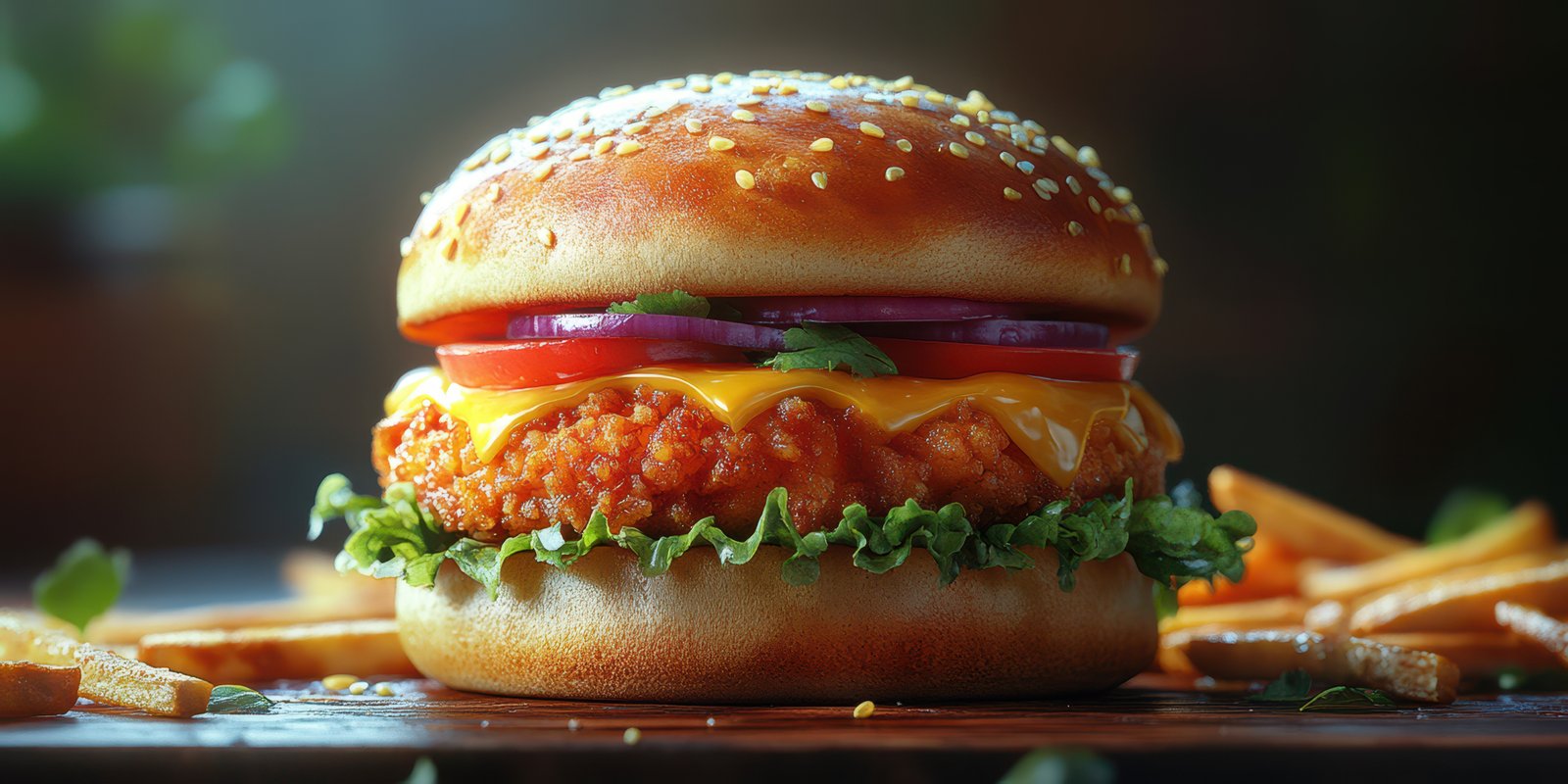 Juicy fried chicken burger with fresh toppings and crispy fries served on a wooden plate